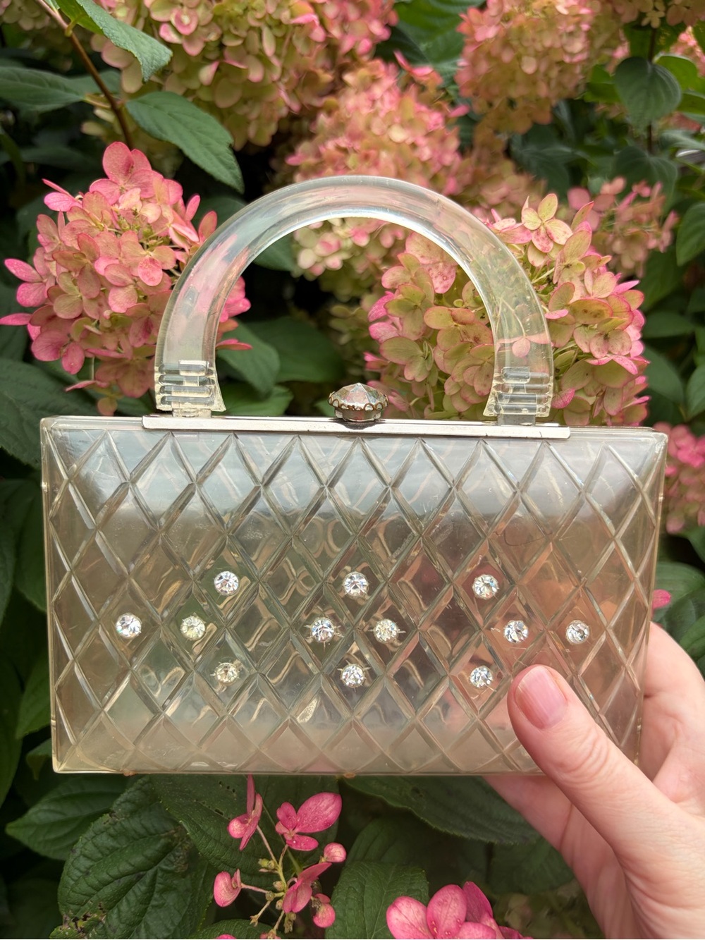 1950s Lucite Quilted Box Purse with Crystal Accents